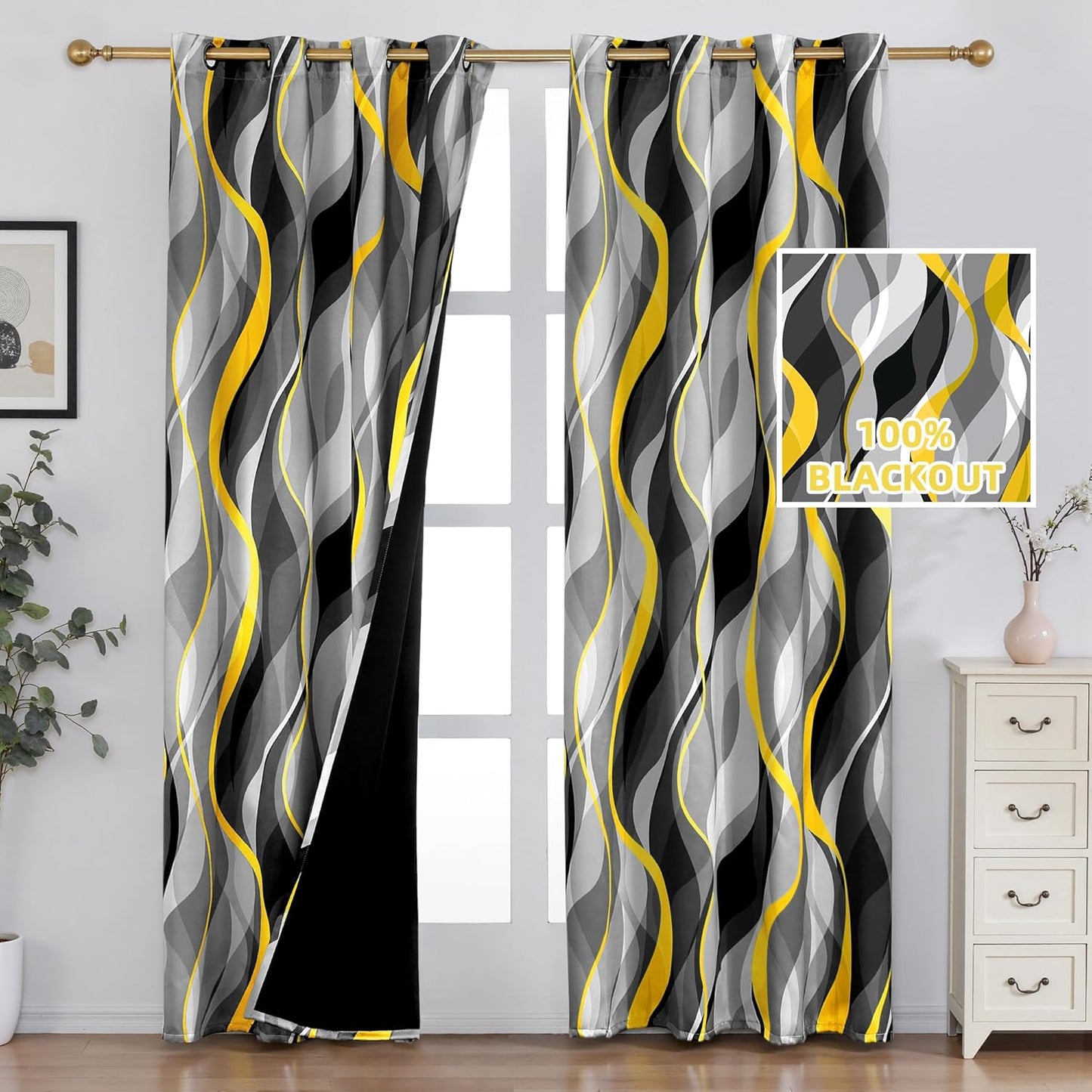 weesire Yellow and Grey Blackout Curtains Modern Striped Decorative 100% Light Blocking Darkening Grommet Yellow Curtain for Living Room Villa, Bedroom Gray and White 2 Panels Set, 52x84 Inches