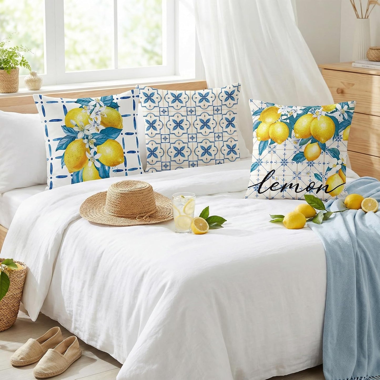 FUTBU Lemon Throw Pillow Covers 18x18 Inch Set of 4, Bule Diamond Check Farmhouse Cushion Case, Hello Summer Party Holiday Decoration for Sofa Couch