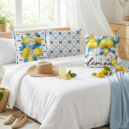 FUTBU Lemon Throw Pillow Covers 16x16 Inch Set of 4, Bule Diamond Check Farmhouse Cushion Case, Hello Summer Party Holiday Decoration for Sofa Couch