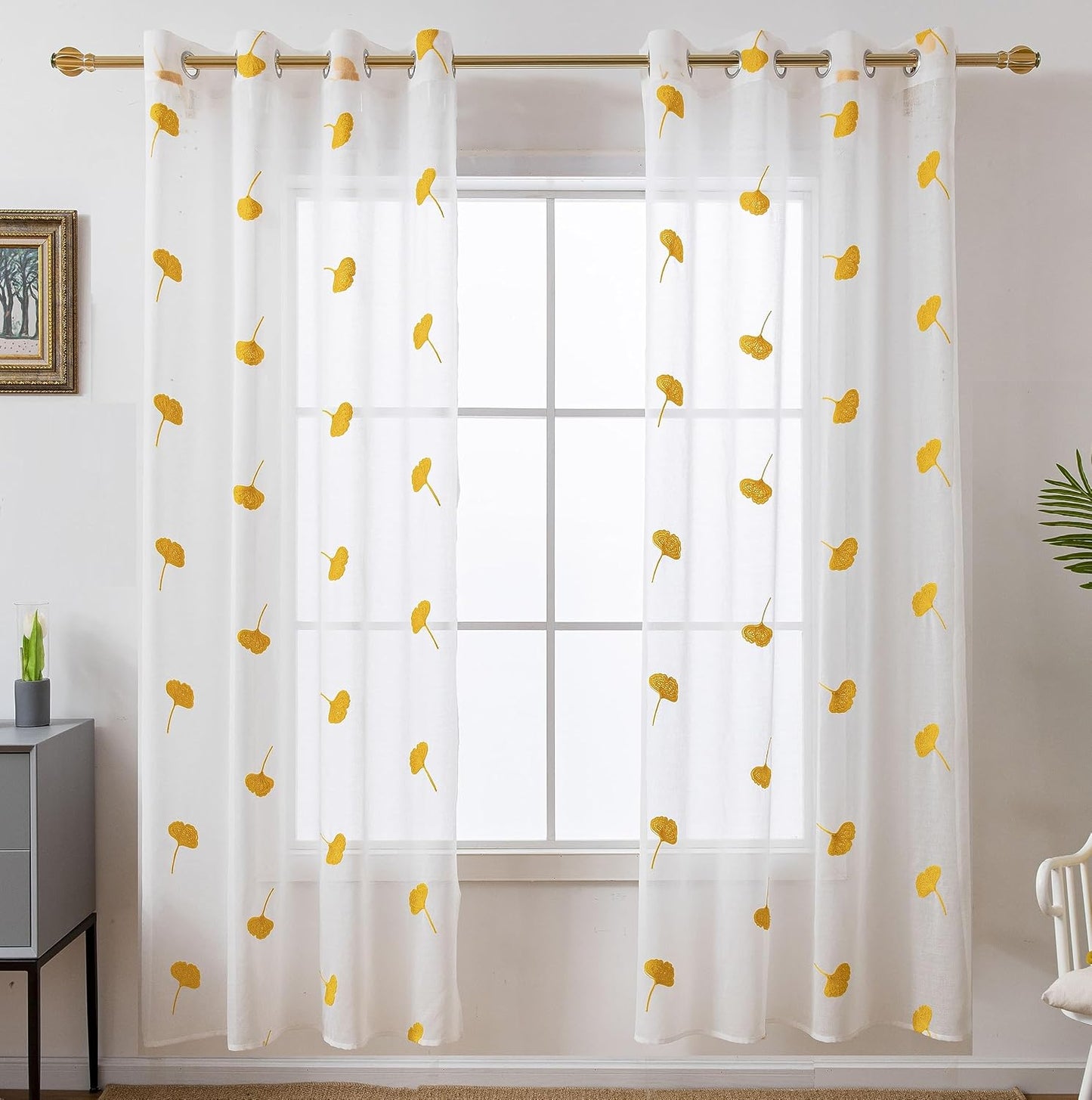 Yellow Sheer Curtains 84 Inches Long Embroidered Leaf Patterned Linen Look Floral Semi Sheer Curtain for Kids Bedroom Living Room Grommet Voile Drapes 2 Panels