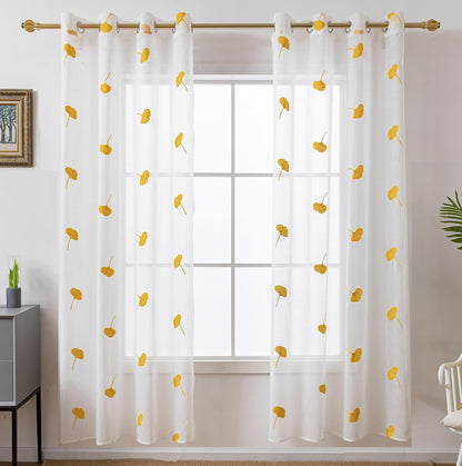 Yellow Sheer Curtains 84 Inches Long Embroidered Leaf Patterned Linen Look Floral Semi Sheer Curtain for Kids Bedroom Living Room Grommet Voile Drapes 2 Panels