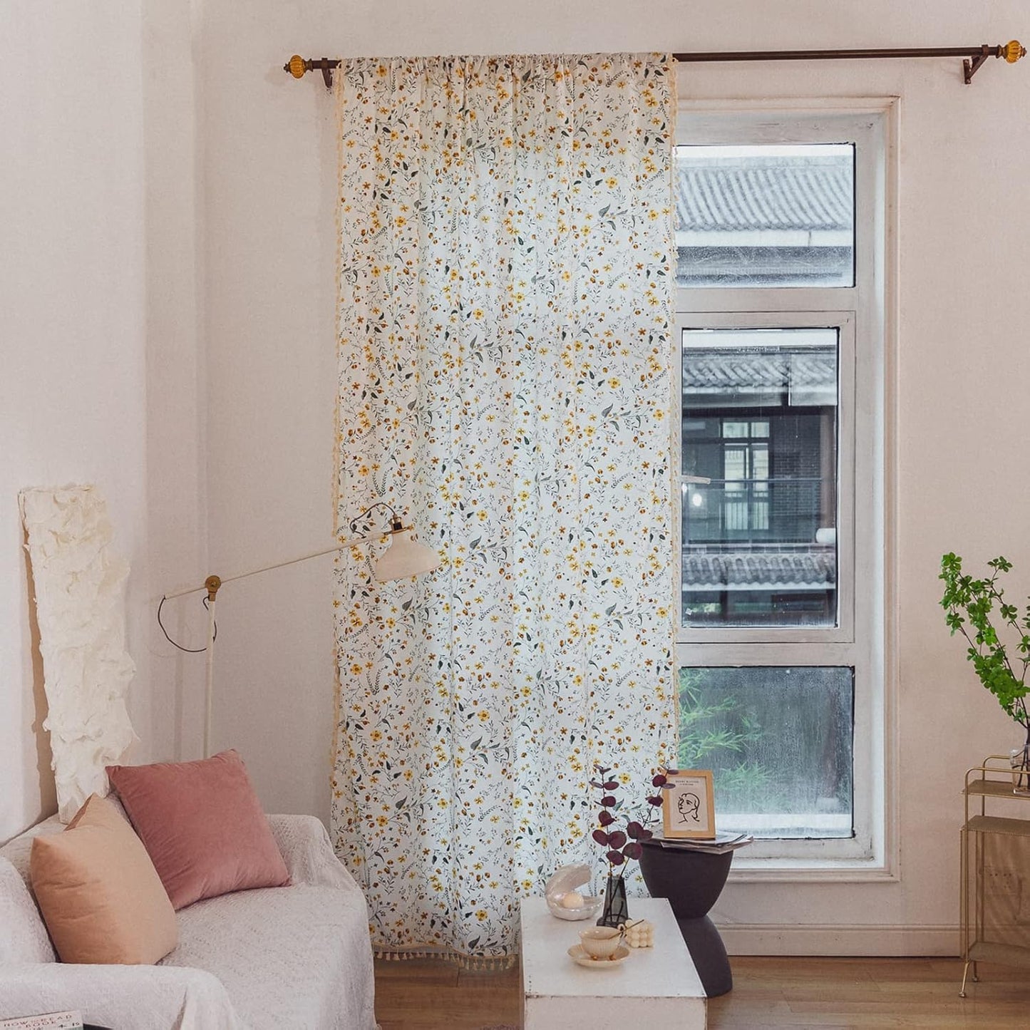Sutuo Home Boho Curtain Semi-Blackout Yellow Florals Print Cotton Linen Fabric, Handmade Tassels Rod Pocket Bohemian Farmhouse Country Window Drapes for Living Bedroom, 59" W x 84" L, 1 Panel