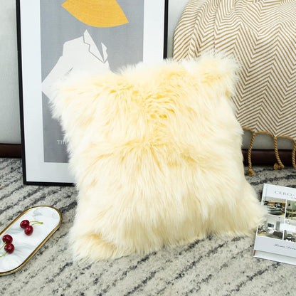 LIGICKY Luxury Series Soft Faux Fur Throw Pillow Cover Decorative Square Plush Pillow Case Cushion Cover for Couch Sofa Bed, 18" x 18" Light Yellow