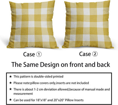 Yellow and White Buffalo Plaid Pillow Covers 18x18 Set of 2 Check Pattern Print Decorative Outdoor Pillowcases Holiday Farmhouse Christmas Checked Throw Cushion Case Couch Sofa Bed Decor