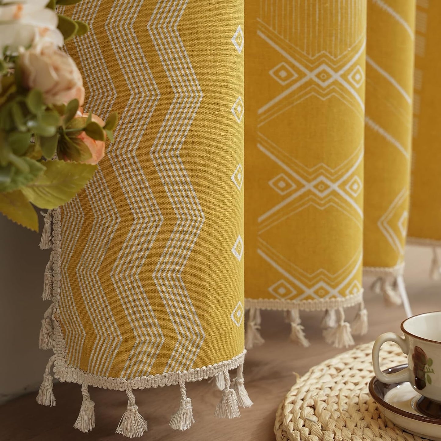 ColorBird Boho Blackout Curtains 2 Panels 84 Inch Length Mustard Yellow Thermal Insulated Southwest Window Treatment Patterned Western Black Out Patterned Curtain Drapes for Living Room Bedroom