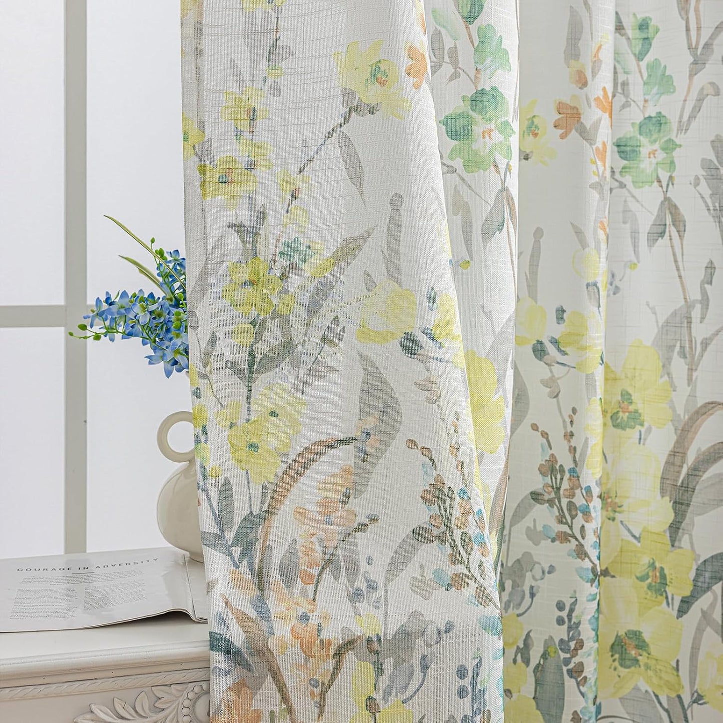 SUOUO Grey and Yellow Floral Sheer Curtains Linen Textured for Living Room 96 inches Long Rod Pocket Print Wildflower Window Drapes for Bedroom 2 Panels