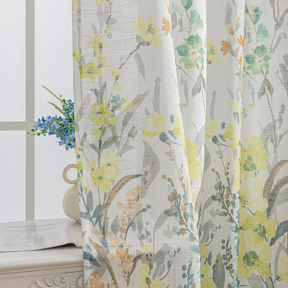 SUOUO Grey and Yellow Floral Sheer Curtains Linen Textured for Living Room 96 inches Long Rod Pocket Print Wildflower Window Drapes for Bedroom 2 Panels