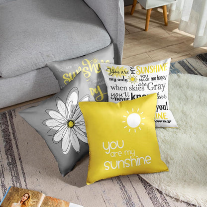 Emvency Set of 4 Throw Pillow Covers You are My Sunshine Yellow Gray with Words Decorative Pillow Cases Home Decor Square 18x18 Inches Pillowcases