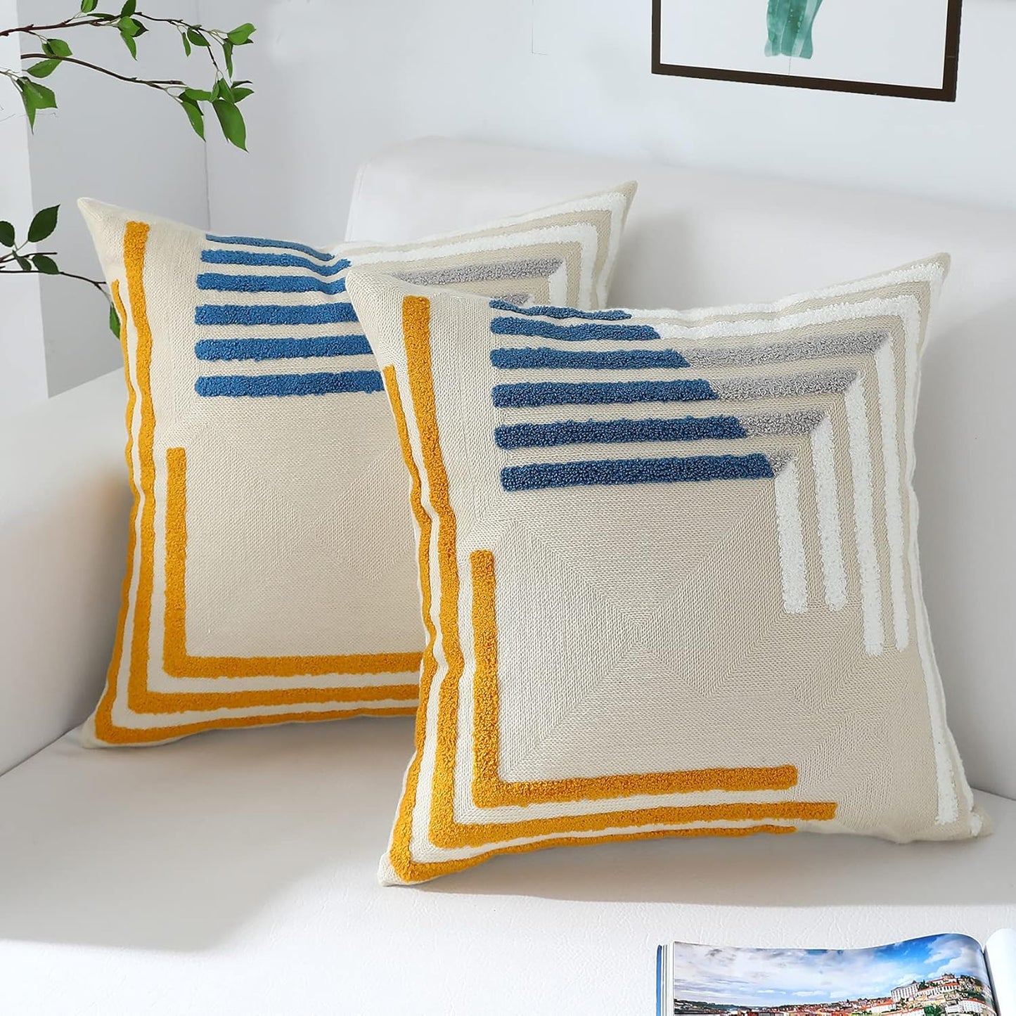 Modern Geometric Embroidered Throw Pillow Covers 18x18 Set of 2 Textured Tufted Patterned Cotton Boho Pillow Covers Spring Decorative for Couch Bed Living Room Outdoor Yellow and Blue