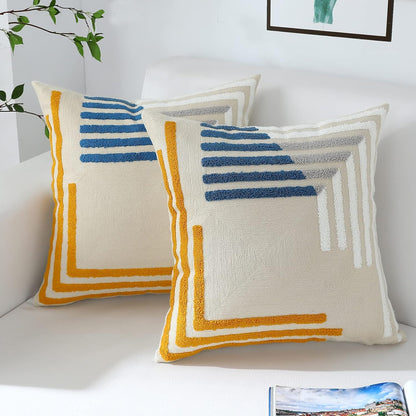 Modern Geometric Embroidered Throw Pillow Covers 18x18 Set of 2 Textured Tufted Patterned Cotton Boho Pillow Covers Spring Decorative for Couch Bed Living Room Outdoor Yellow and Blue