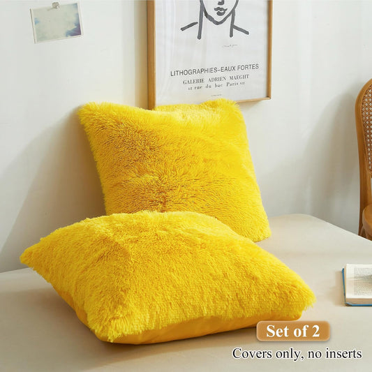 XeGe Faux Fur Throw Pillow Covers, Luxury Fluffy Plush Pillow Shams, Shaggy Decorative Pillow Cushion Cover for Sofa Bed Couch with Zipper Closure, Pack of 2 (18''x18'', Yellow)