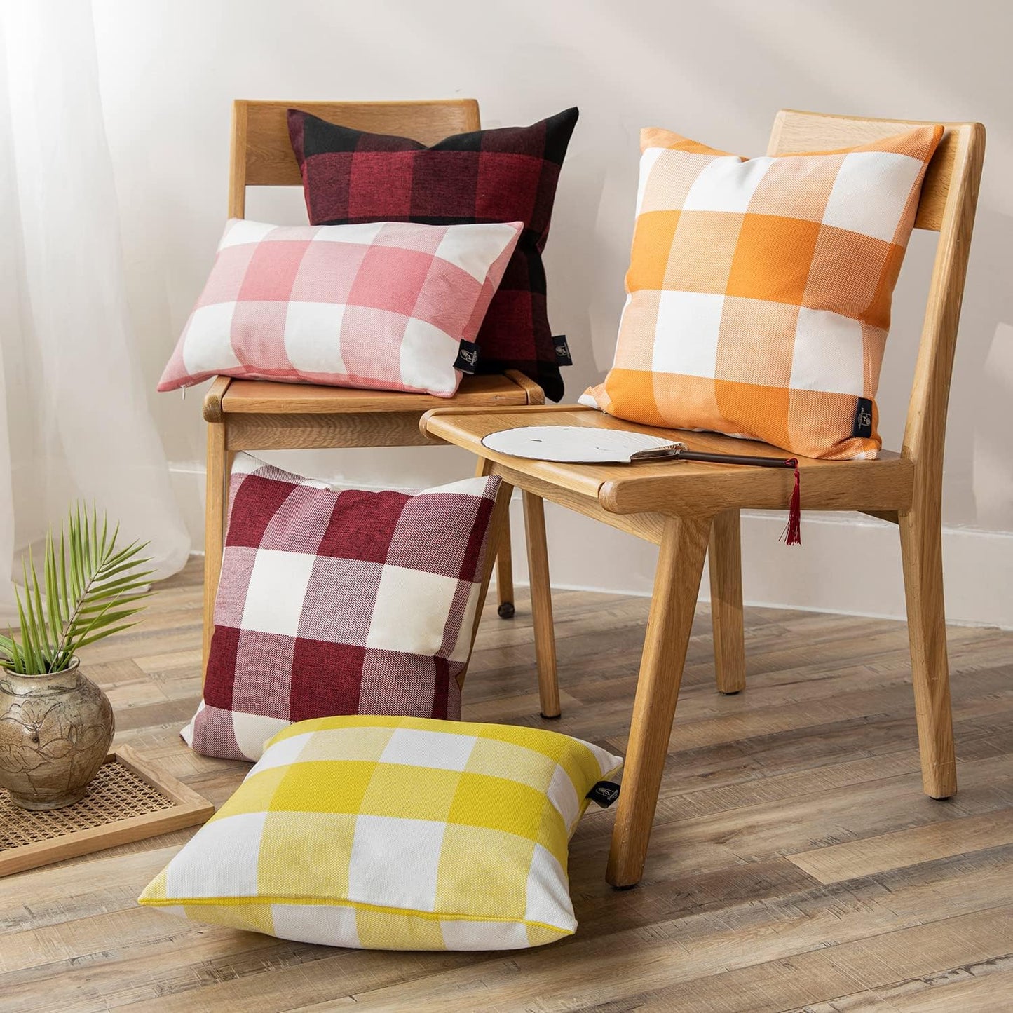 Phantoscope Pack of 2 Gingham Buffalo Check Plaid Throw Decorative Pillow Cover Outdoor Indoor Throw Pillows Farmhouse Square Pillow Cases for Home Decor Yellow,12 x 20 Inches
