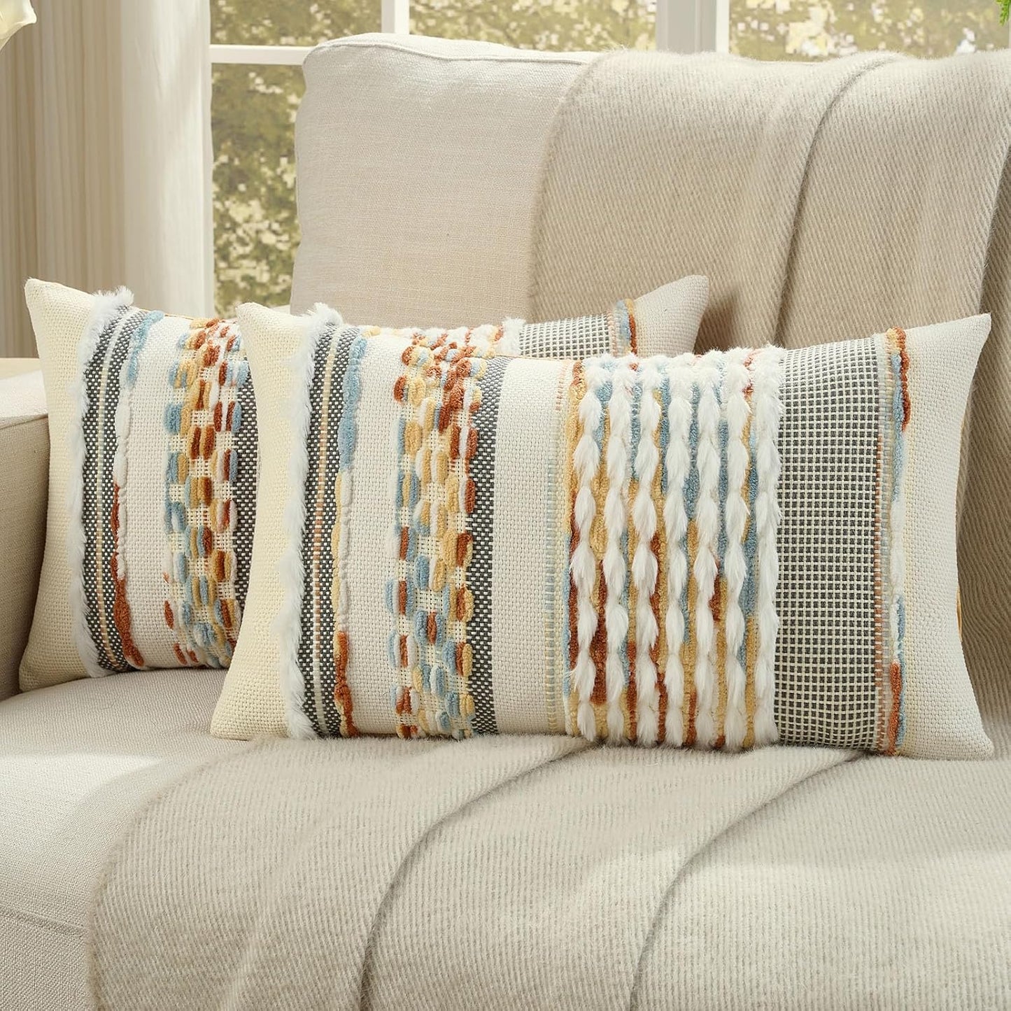 FUTEI Pack of 2 Boho Chenille Decorative Throw Pillow Covers 12x20 Inch Soft Plush Tufted Striped Textured Pillow Case,Farmhouse Accent for Couch Bed Living Room, Rust Blue Yellow