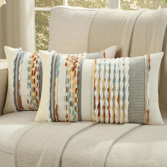 FUTEI Pack of 2 Boho Chenille Decorative Throw Pillow Covers 12x20 Inch Soft Plush Tufted Striped Textured Pillow Case,Farmhouse Accent for Couch Bed Living Room, Rust Blue Yellow