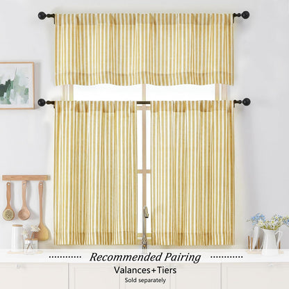 Chyhomenyc Striped Valances for Windows - Light Filtering Faux Linen Small Tier Valance Curtains, Boho Ticking Stripe Rod Pocket Farmhouse Valance for Living Room, 52Wx14L, 2 Pieces, Yellow Gold