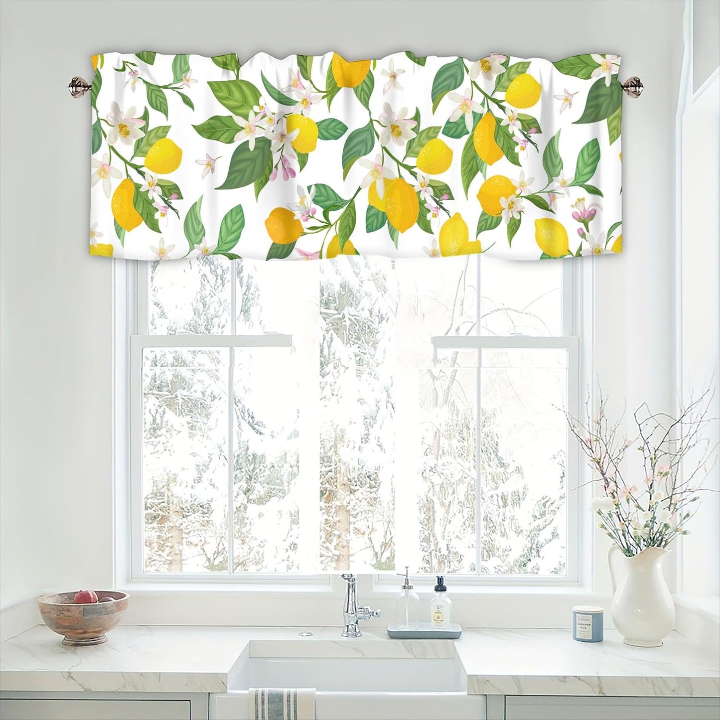 Floral Lemon Curtain Valances for Windows, Kitchen Valance Rod Pocket Window Treatments Short Curtains for Bathroom Bedroom Living Room Farmhouse Decor 42x12 Inch,1 Panel