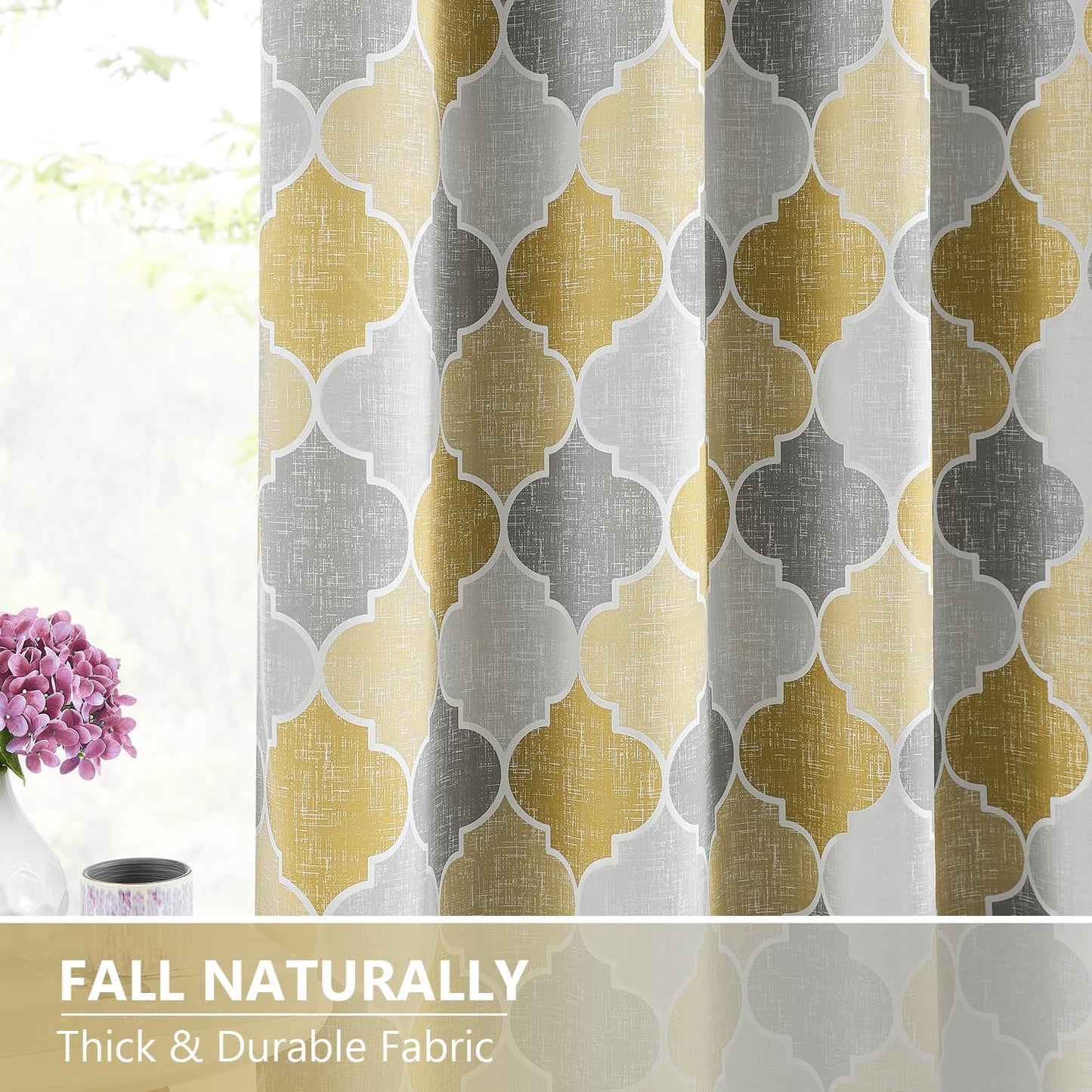 Gray Yellow Full Blackout Curtains 84 Inches Long for Bedroom Living Room Moroccan Geo Print Window Panels Thermal Insulated Room Darkening Privacy Grommet Top Drapes, 52x84, 2 Panels
