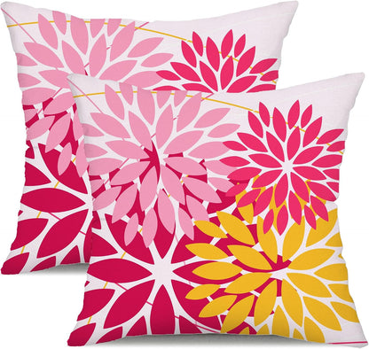 DFXSZ Outdoor Pillow Covers - 20x20 Inch Set of 2 Pink Yellow Flower Decorative Waterproof Summer Pillow Covers for Patio Furniture, Garden Couch