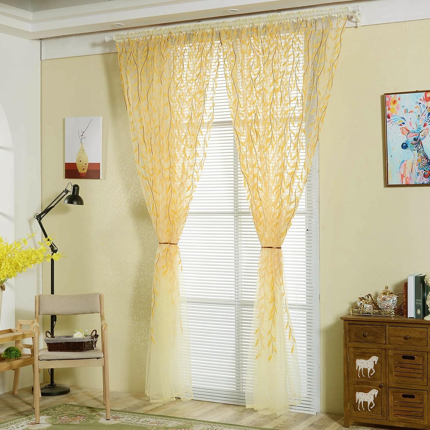 Ufurty 2-Piece Willow Leaf Window Curtains - Voile Tulle Sheer Room Drapes, Yellow, for Living Room, Bedroom, Balcony