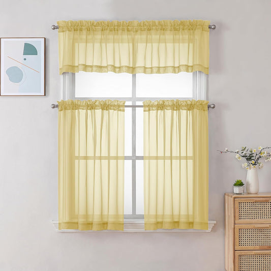 Chyhomenyc Mustard Yellow Short Sheer Curtains 36 inch Length, Light Filtering Half Window Curtians for Kitchen, Elegant Small Curtain for Basement Bathroom Cabinet, 42Wx36L inches, 2 Panels