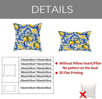 Lemon Throw Pillow Covers Set of 4, Mediterranean Traditional Floral Blue Swirls Summer Yellow Soft Velvet Washable Accents Pillows Cases for Home Bedroom Living Room Sofa Couch Decor 20x12 Inch