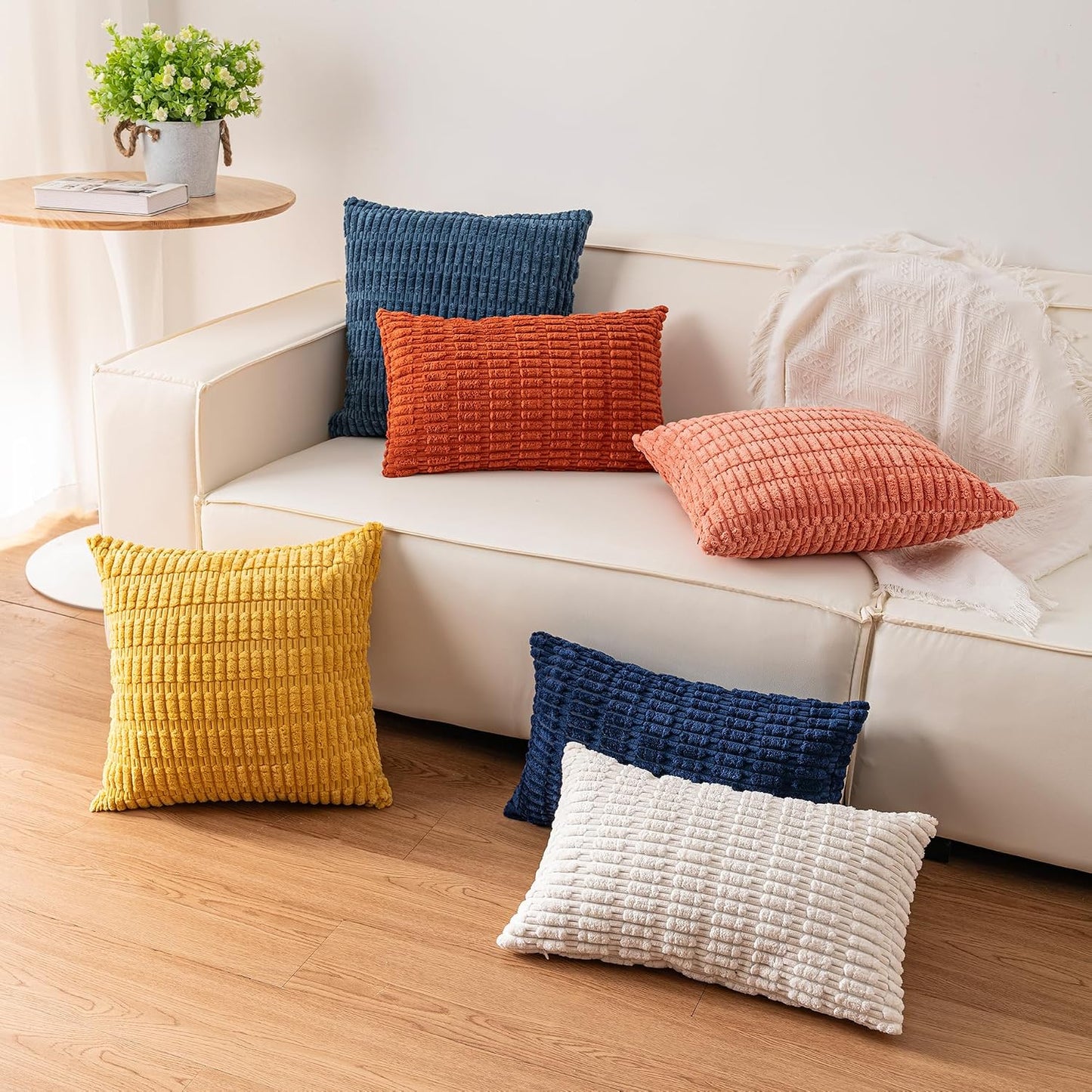 Aegero Pack of 2 Corduroy Decorative Throw Pillow Covers 18x18 InchSoft Boho Striped Pillow Covers Modern Farmhouse Home Decor for Sofa Living Room Couch Bed(Yellow)