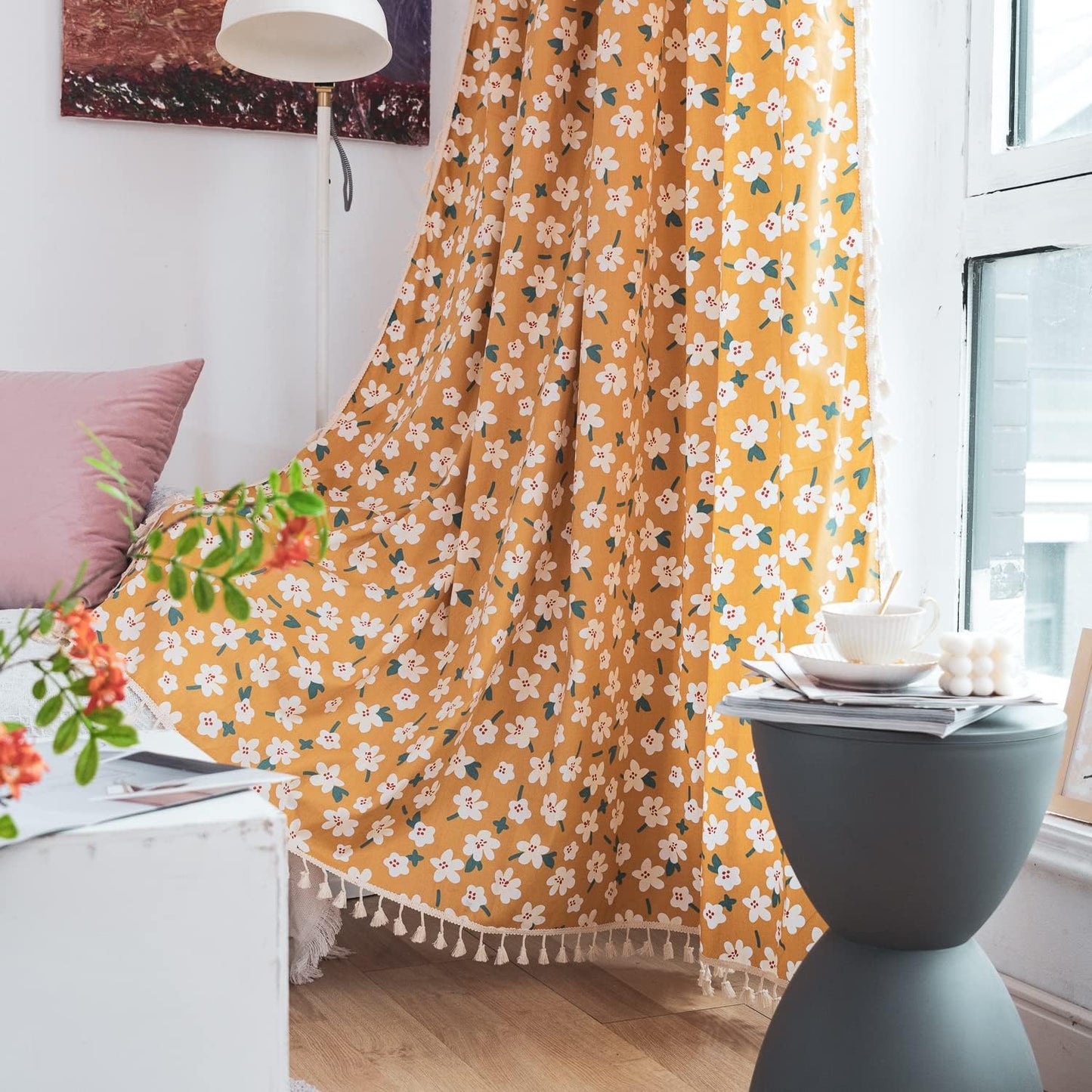Deeprove Boho Curtain 84 Inch Length, Farmhouse Yellow Florals Print, Cotton Linen Tassels Rod Pocket Semi Blackout Rustic Bohemian Country Window Treatment for Nursery Bedroom 1 Panel, 55''W x 84''L