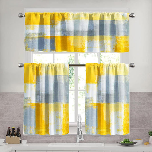 Lnond Yellow Grey Kitchen Curtains and Valances Set,52x36 Inch Semi-Sheer Rod Pocket Kitchen Curtain Valance and Tiers Set, 3 Pcs Abstract Art Kitchen Decor Small Cafe Curtains Bathroom Curtain