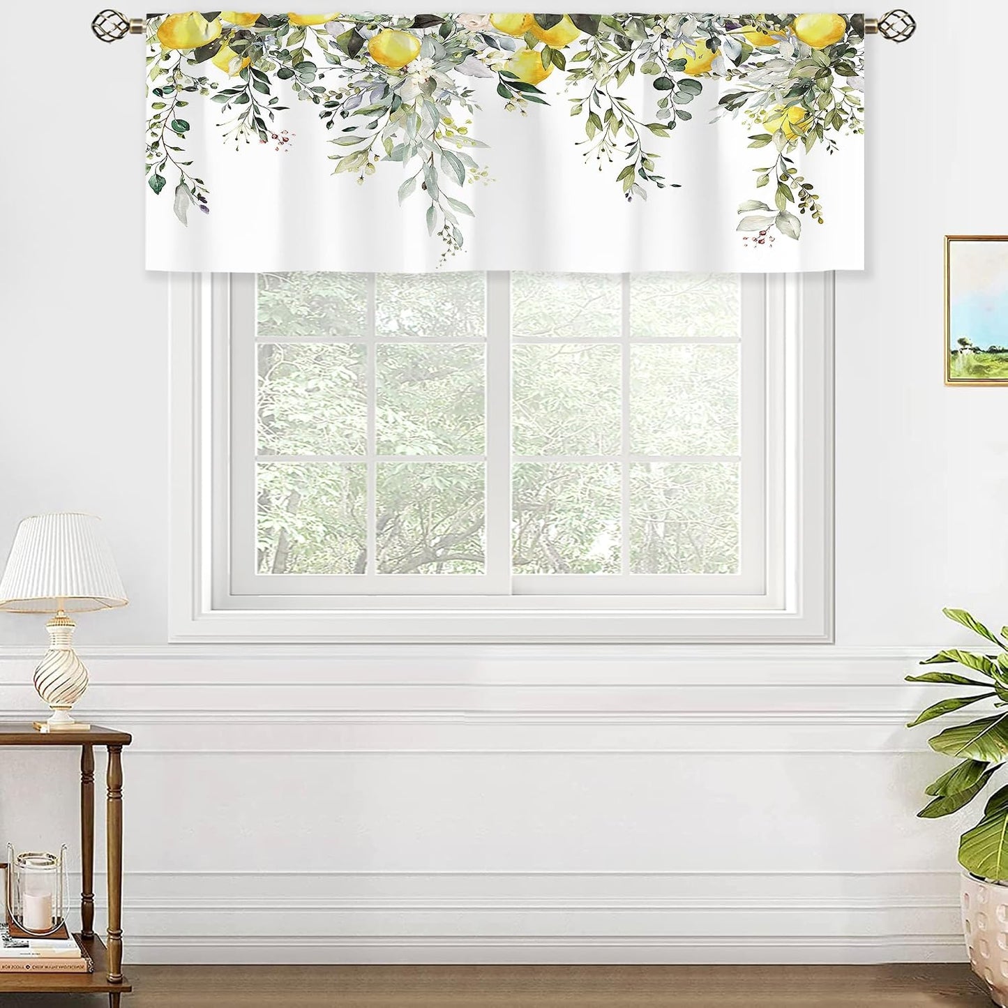 Sage Green Eucalyptus Lemon Botanical Leaves Valances Kitchen Curtains Flower Window Drapes Floral Plants Botanical Wildflower Bedroom Bathroom Living Room Treatment Tier 1 Panel 52Wx18H Inch