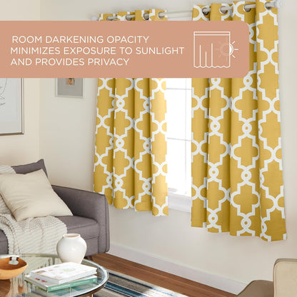 TOWN & COUNTRY EVERYDAY Ironwork Geo Trellis Sateen Indoor Curtains, Room Darkening Blackout, Grommet Top, Energy Efficient, 2-Pack Set, 52"x63", Sundress Yellow