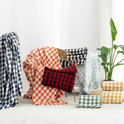 100% Cotton Throw Blanket Plaid Soft Lightweight Cozy Farmhouse Tassels Summer Thin Breathable Throws for Couch Sofa Bed (50" × 60" Yellow)