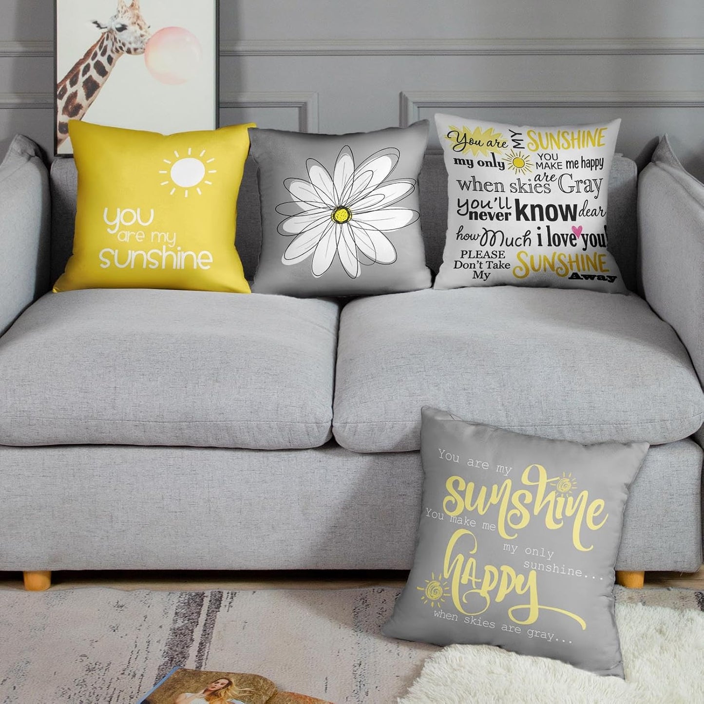 Emvency Set of 4 Throw Pillow Covers You are My Sunshine Yellow Gray with Words Decorative Pillow Cases Home Decor Square 18x18 Inches Pillowcases