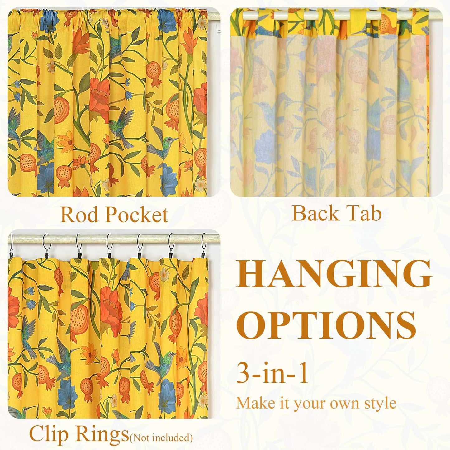 JOOJA Mustard Yellow Floral Linen Curtains, Boho Whimsical Bird Print Curtains for Bedroom Window Colorful Patterned Sheer Curtains for Living Room Kitchen 2 Panels 84 Inches Long