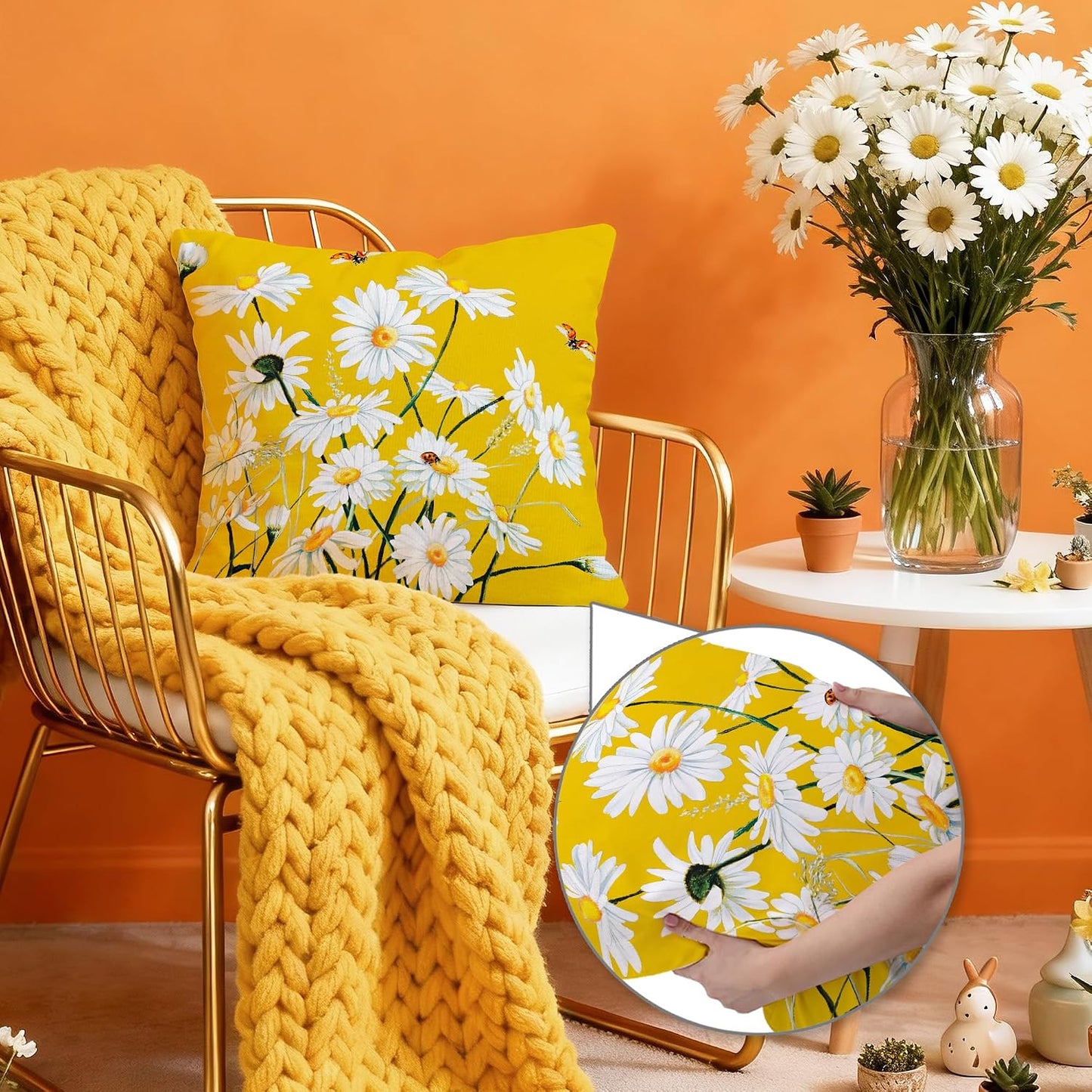 Hexagram Summer Throw Pillow Covers, Outdoor Daisy Decorative 18x18 Pillow Cover, Yellow Farmhouse Cushion Throw Pillows Covers for Couch Indoor Summer Home Decor(No Insert)
