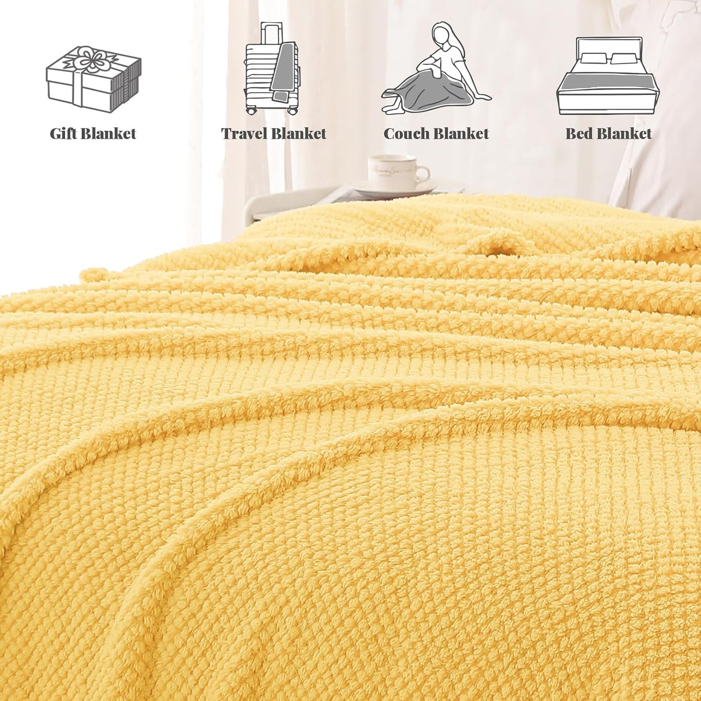 Whale Flotilla Extra Large Fuzzy Fleece Throw Blanket for Couch, 50x70 Inch Fluffy Soft Jacquard Blankets for All Season, Lightweight and Cozy, Yellow