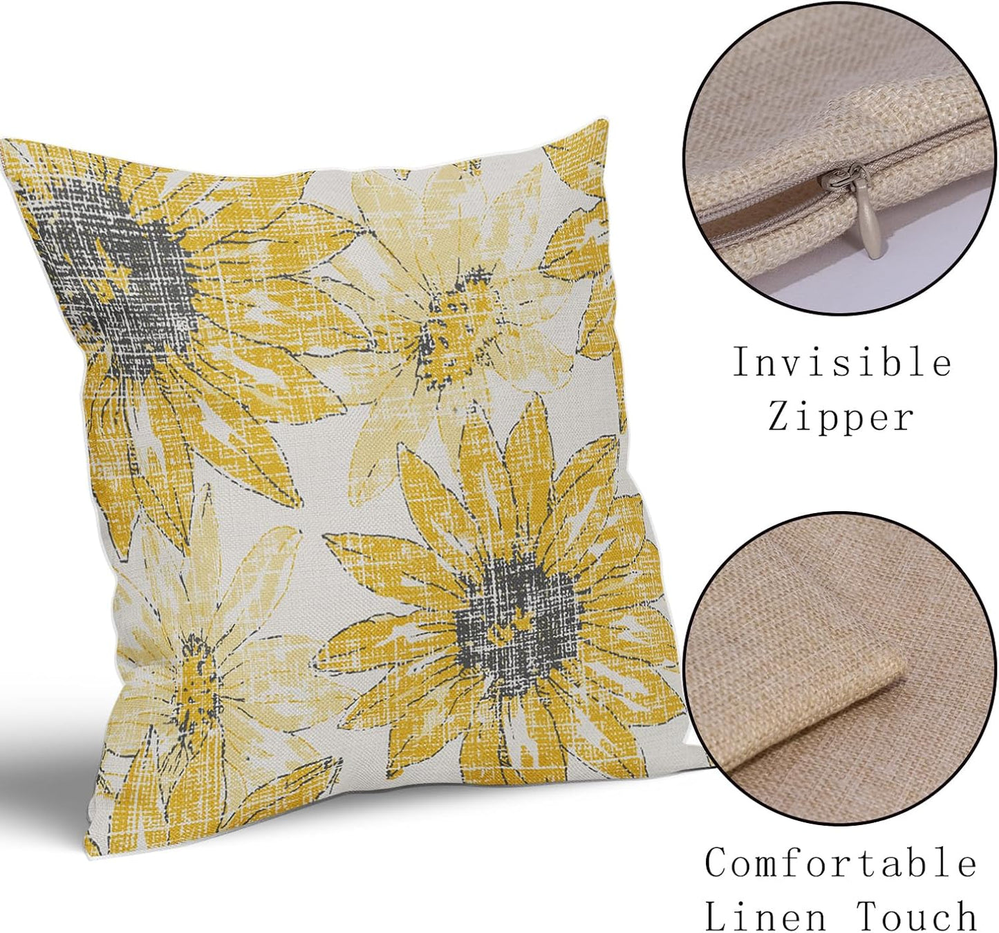 Sweetshow Dark Light Yellow Pillow Covers 16x16 Set of 2 Retro Sunflower Flowers Print Decorative Throw Pillows Outdoor Modern Art Floral Pillowcase Square Linen Cushion Case for Home Sofa Couch Bed