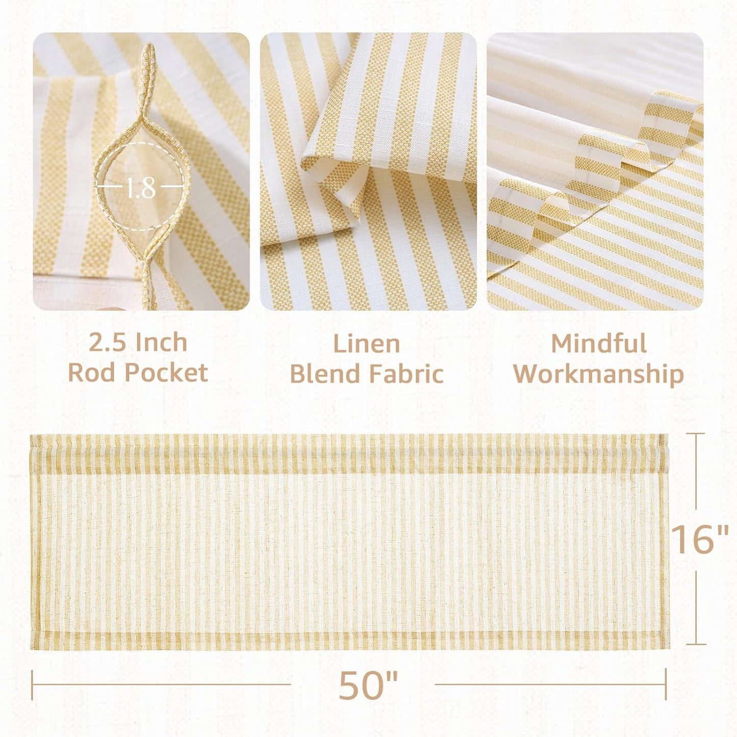 jinchan Linen Stripe Valance for Window 16 Inch Modern Rustic Farmhouse Valance for Kitchen Living Room Bathroom Window Treatment Light Filtering Rod Pocket 1 Panel Mustard Yellow on Linen