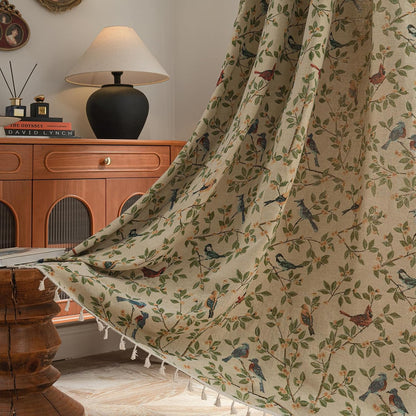 Farmhouse Bird Jacquard Curtain Panels with Tassel 78 Inches Botanical Pattern Light Reducing Thermal Insulated Rod Pocket Curtains/Panels/Drapes for Living Room (Yellow,59"x78")