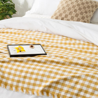100% Cotton Throw Blanket Plaid Soft Lightweight Cozy Farmhouse Tassels Summer Thin Breathable Throws for Couch Sofa Bed (50" × 60" Yellow)