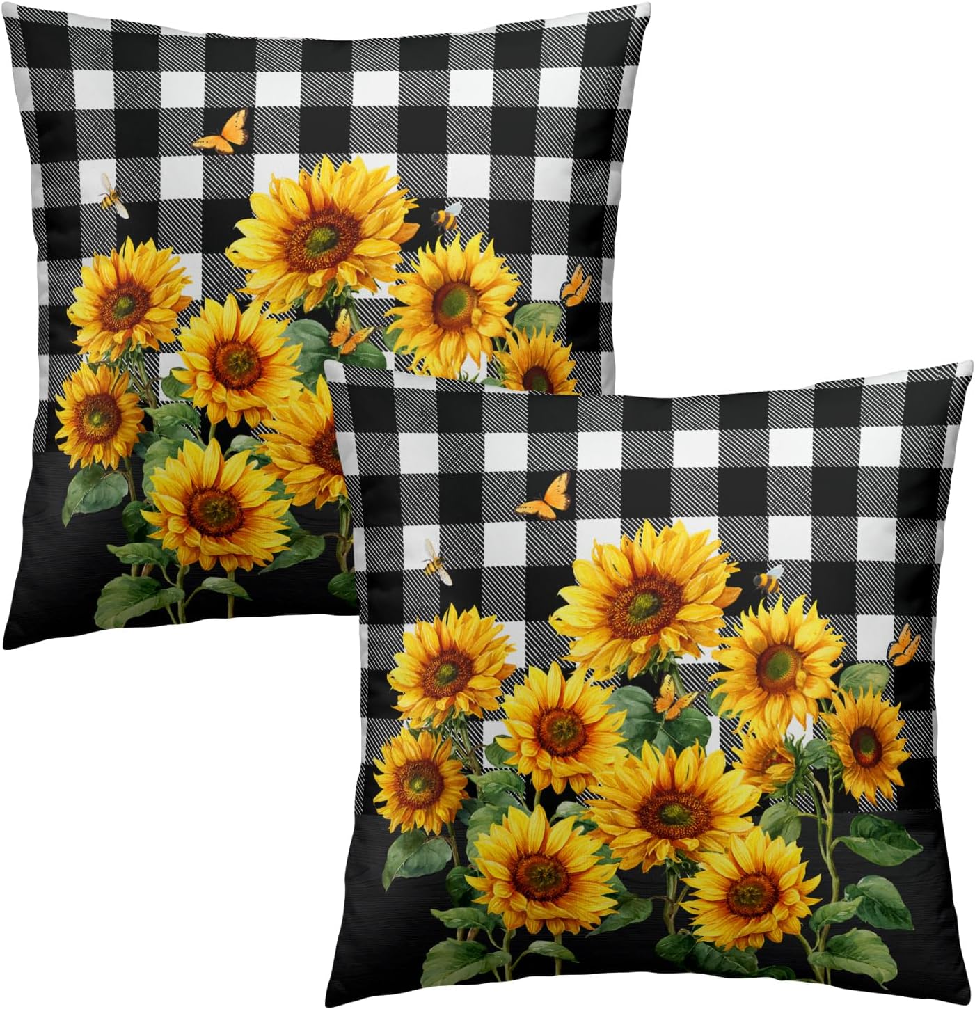 Spring Summer Pillow Covers - Sunflower Throw Pillow Covers Pack of 2 Floral Pillowcases Buffalo Plaid Cushion Cover 18x18 for Couch Bench Sofa Yellow