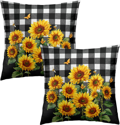 Spring Summer Pillow Covers - Sunflower Throw Pillow Covers Pack of 2 Floral Pillowcases Buffalo Plaid Cushion Cover 18x18 for Couch Bench Sofa Yellow