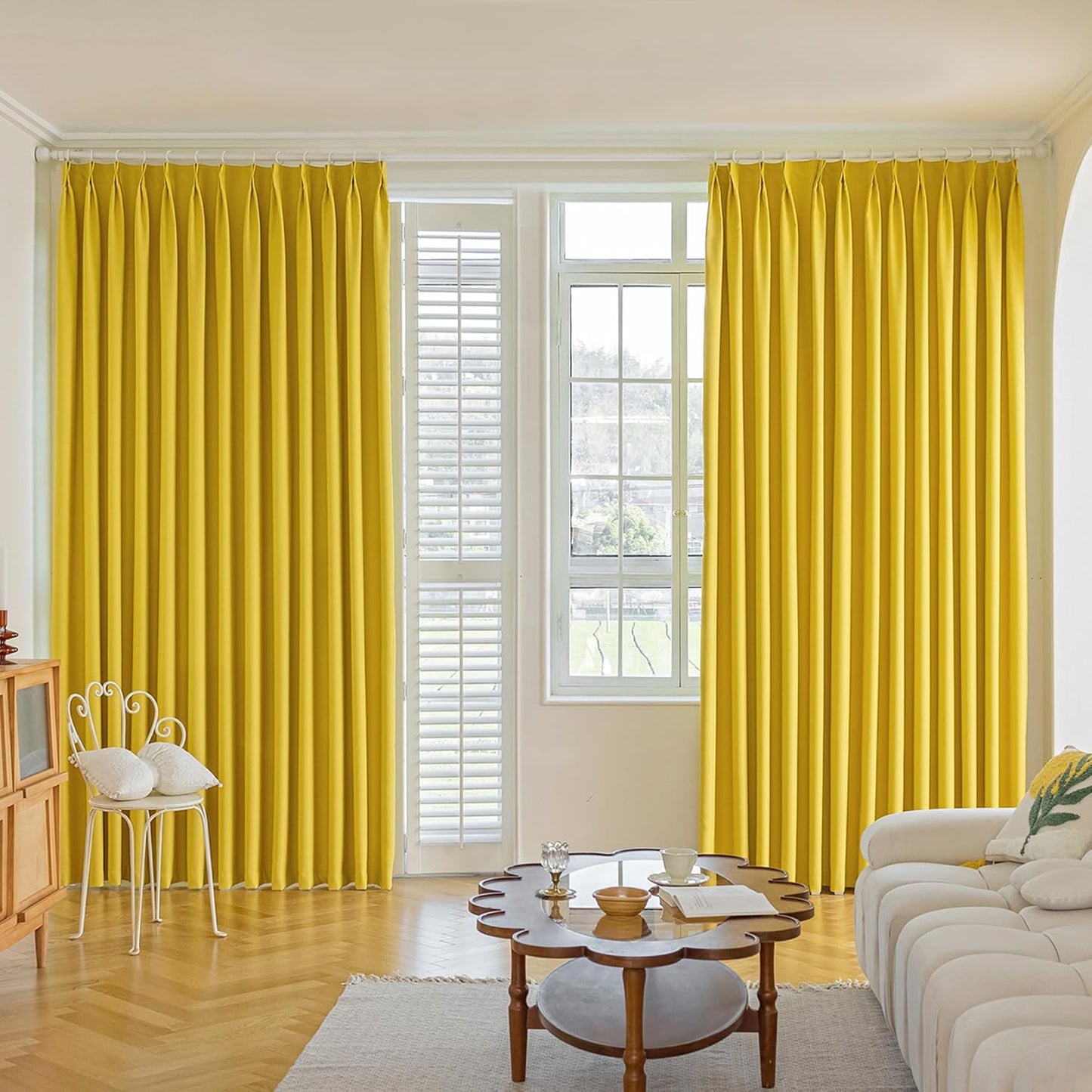 MUMFAS Yellow Pinch Pleat Curtain 72" W x 84" L Solid Thermal Insulated 90% Blackout Patio Door Curtain Panel Drape for Traverse Rod and Track with Tieback, (One Panel)