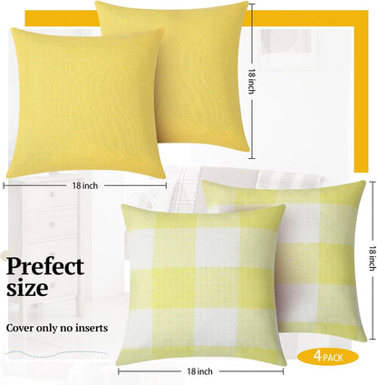 Breling Set of 4 Farmhouse Buffalo Plaid Throw Pillow Covers 18 x 18 Outdoor Home Retro Cushion Case for Summer Christmas Holiday Decor Car Bed Sofa Couch(Yellow Grid)