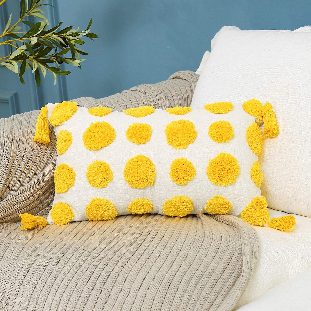 PLWORLD Boho Yellow Lumbar Throw Pillow Cover 12x20 Inch with Tassels, Pom Pom Tufted Cream Chenille Fabric Small Accent Textured Cushion Case for Bed Couch, 1 PC Cover Only No Insert