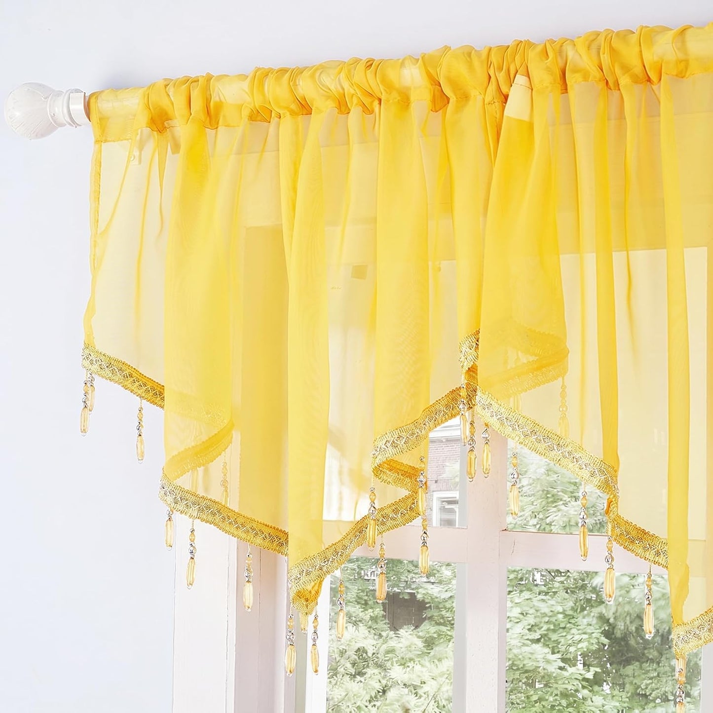 Molaxhome Swag Curtain 51 inch Length Rod Pocket Scalloped Curtain Valance Sheer Lace Panels with Hanging Crystal Beads for Kitchen Bedroom Window Treatments Drape Decor 1pc (Yellow, 51Wx23L)