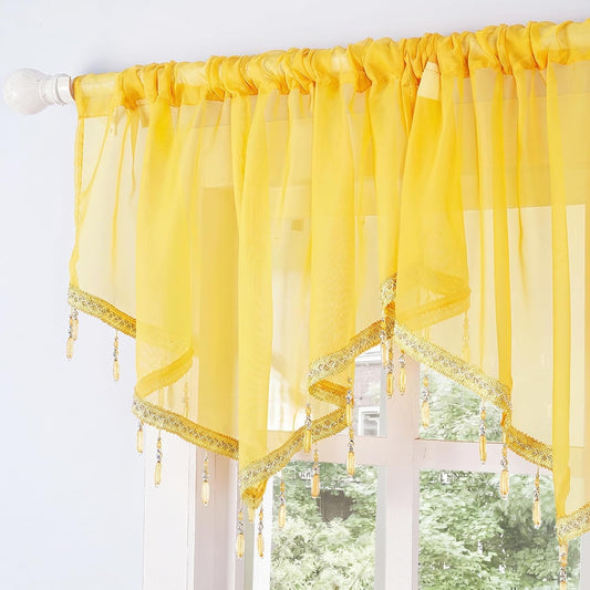 Molaxhome Swag Curtain 51 inch Length Rod Pocket Scalloped Curtain Valance Sheer Lace Panels with Hanging Crystal Beads for Kitchen Bedroom Window Treatments Drape Decor 1pc (Yellow, 51Wx23L)
