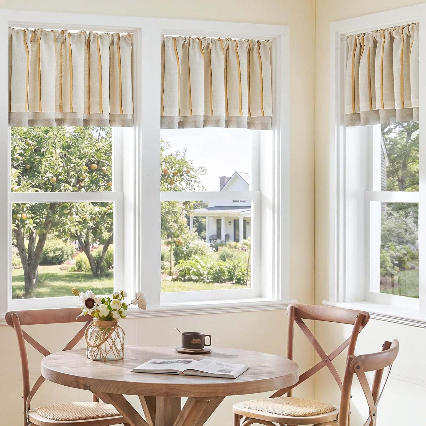 jinchan Linen Valance Kitchen Curtain Light Filter Double Layer 18 Inch | Light filtering kitchen valance,yellow striped pattern on linen background,bringing rustic farmhouse style