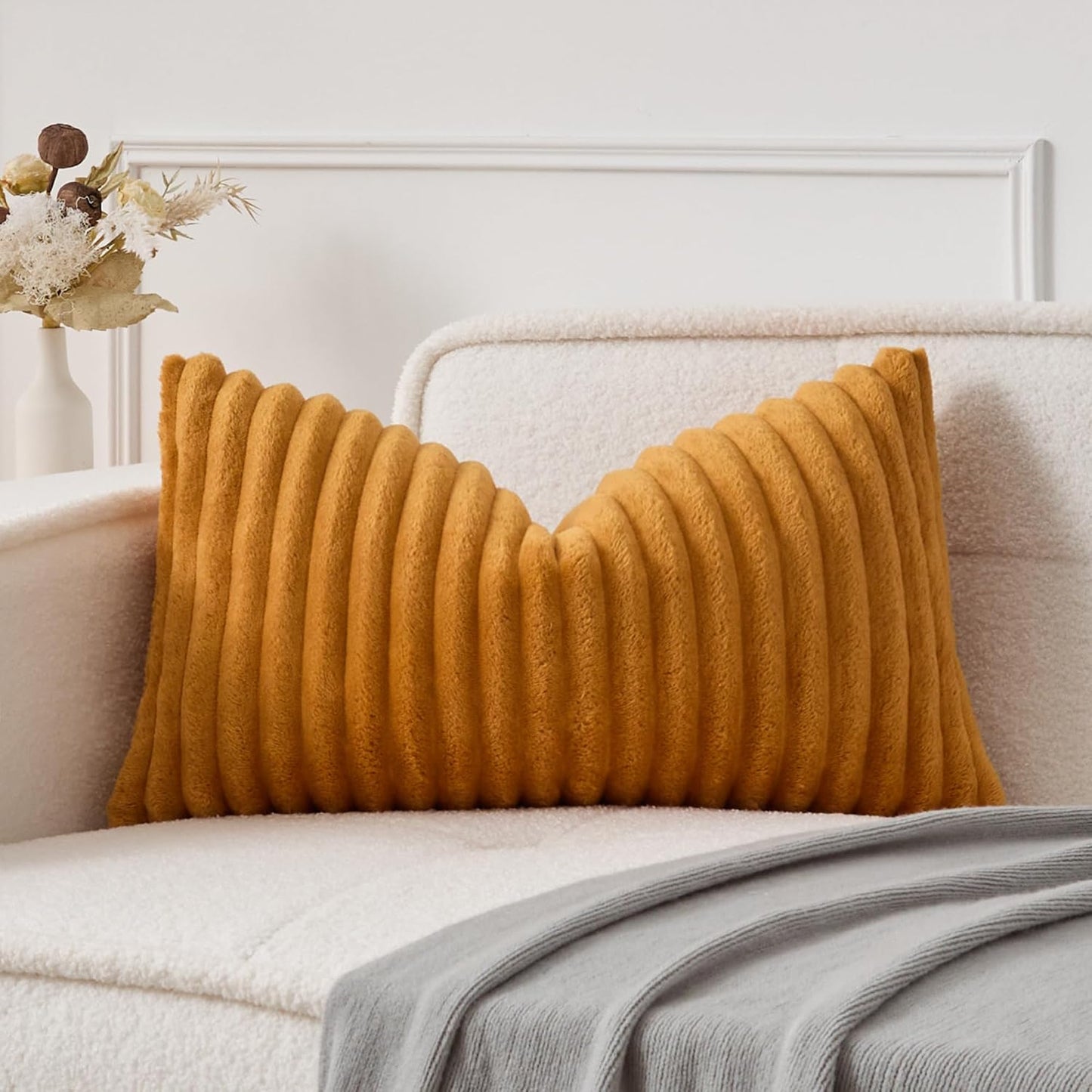 UGASA Lumbar Throw Pillow Cover 12x20 Inch Set of 1 Super Soft Faux Fur Decorative Pillow Case Plush Flannel Texture Accent Rectangle Pillowcase for Sofa Couch Living Room Chair, Golden Yellow