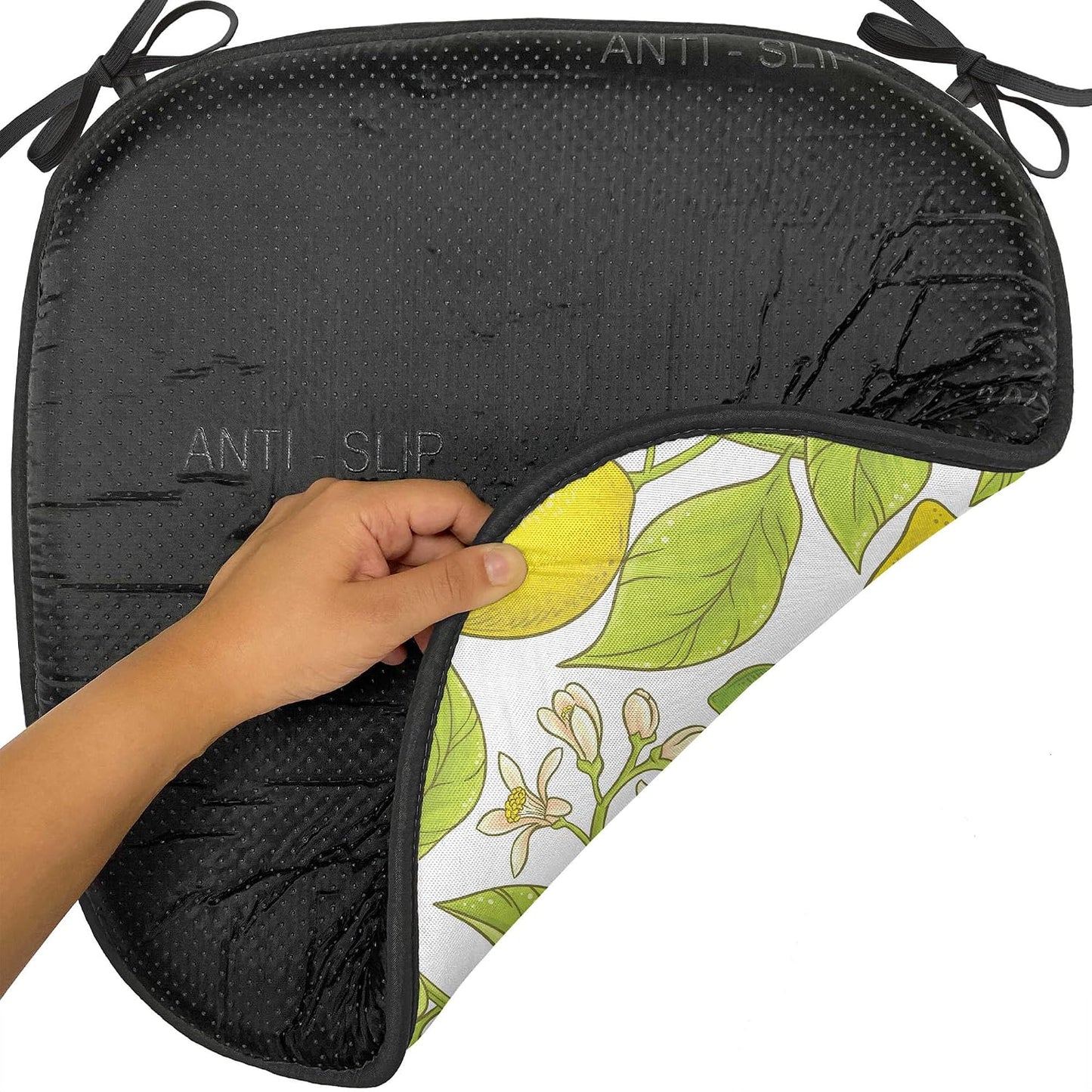 Lunarable Food Chair Seating Cushion Set of 6, Citrus Motifs from Lemon Branches and Blossoms Natural Art Illustration, Anti-Slip Seat Padding for Kitchen & Patio, 16"x16", Yellow and Apple Green