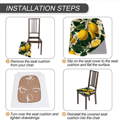 Lemon Floral Chair Seat Covers, Stretch Removable Spandex Cushion Covers, Stylish Decorative Slipcovers for Kitchen Dining Room Decor 4PCS